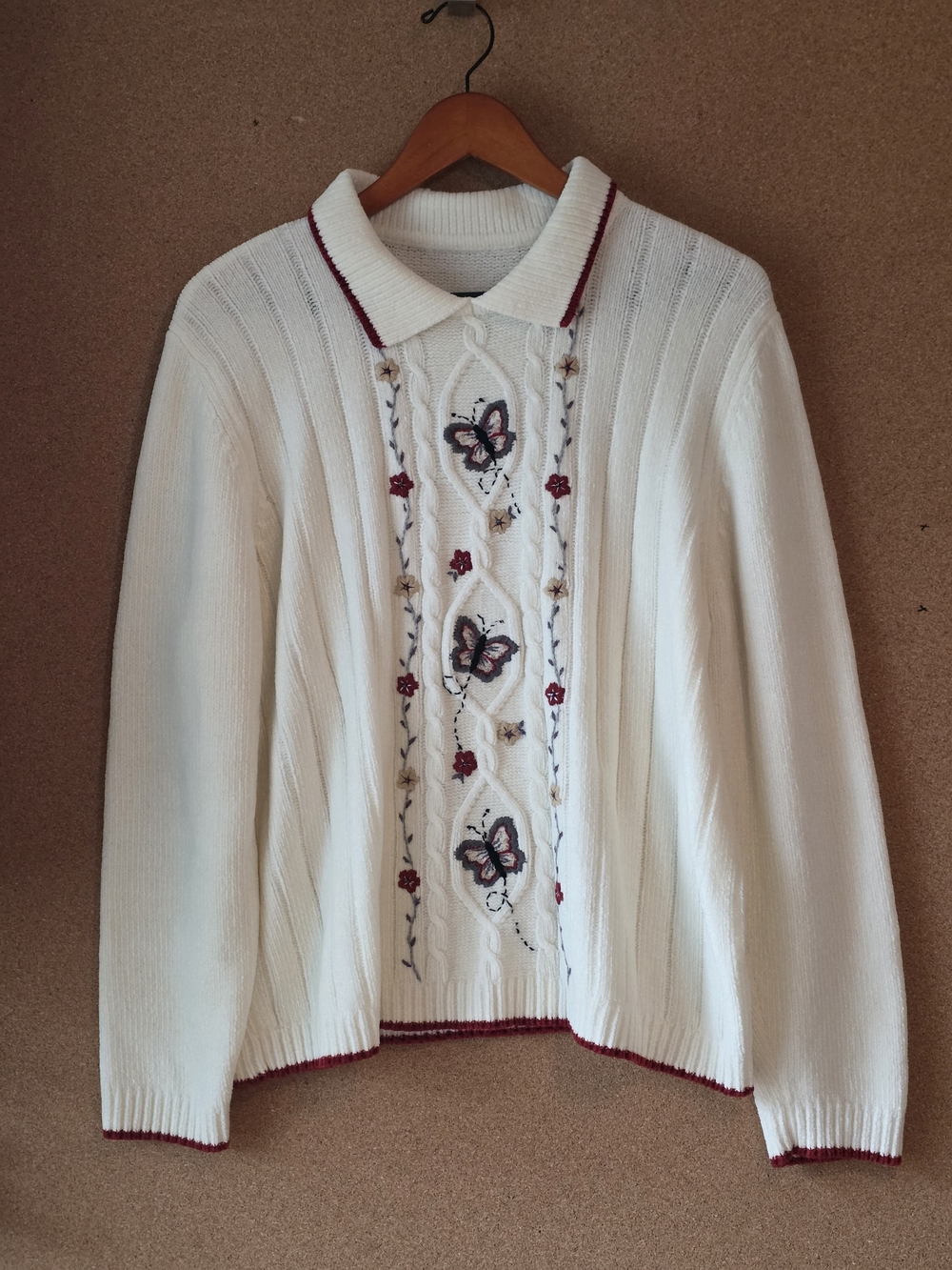 Vtg Alfred Dunner Butterfly Embroidered Knit Collared Sweater L XL